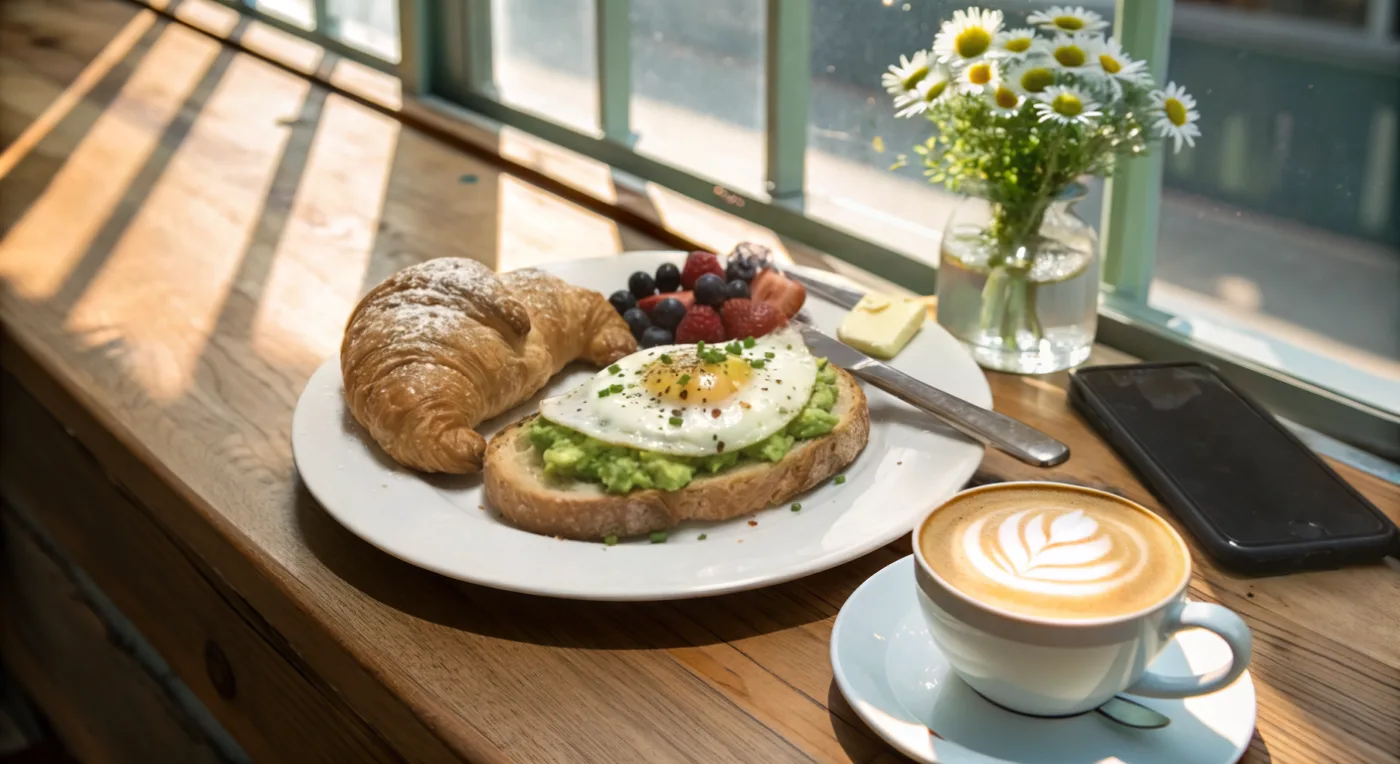 Foto menu sarapan setelah diproses TARABAS dengan suasana kafe pagi hari