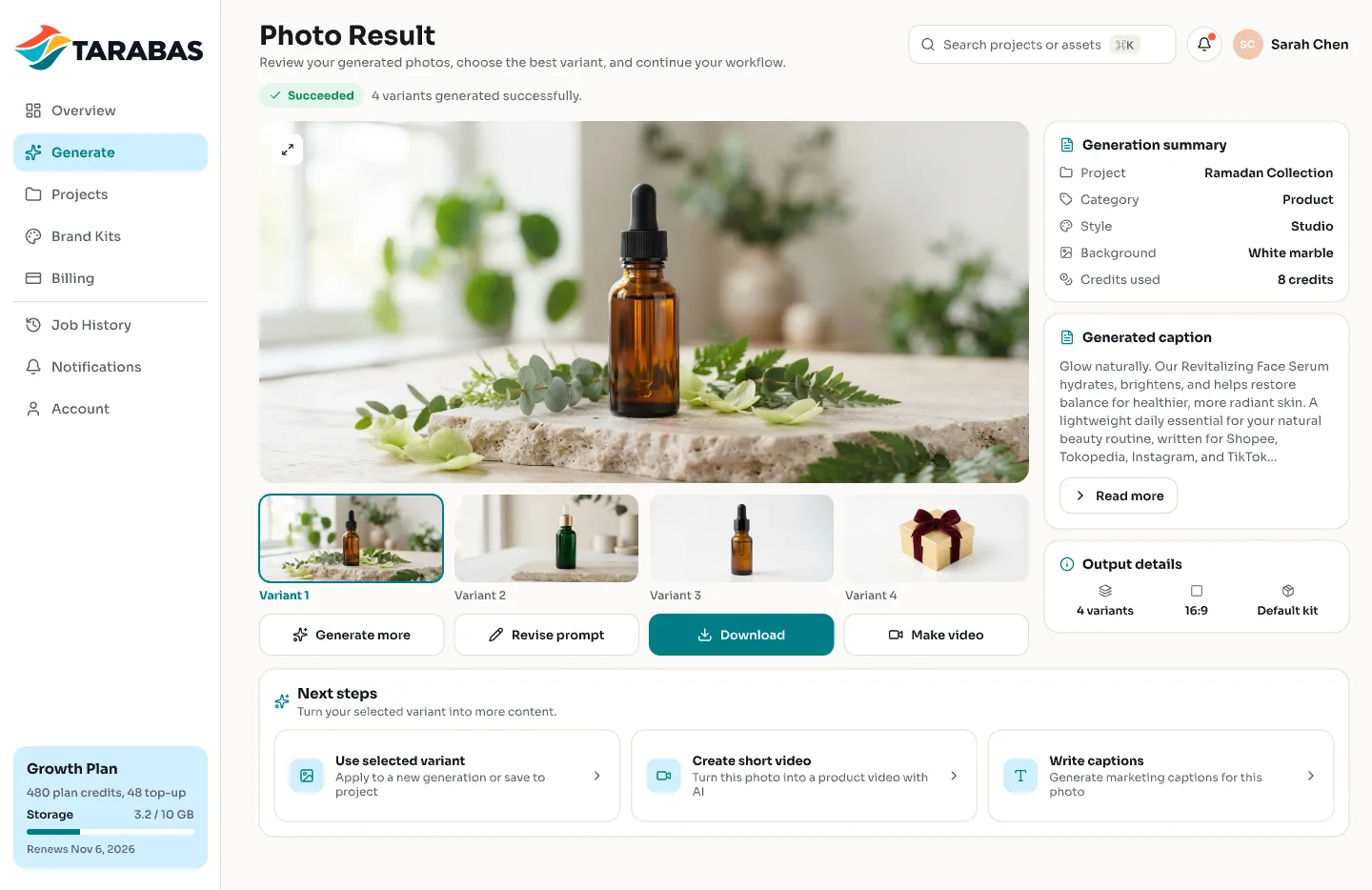Halaman hasil foto di aplikasi TARABAS dengan 4 variasi foto produk