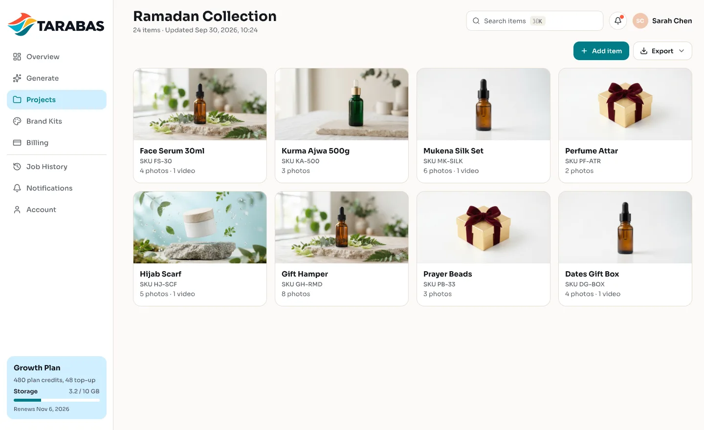 Folder proyek Ramadan Collection berisi foto dan video produk