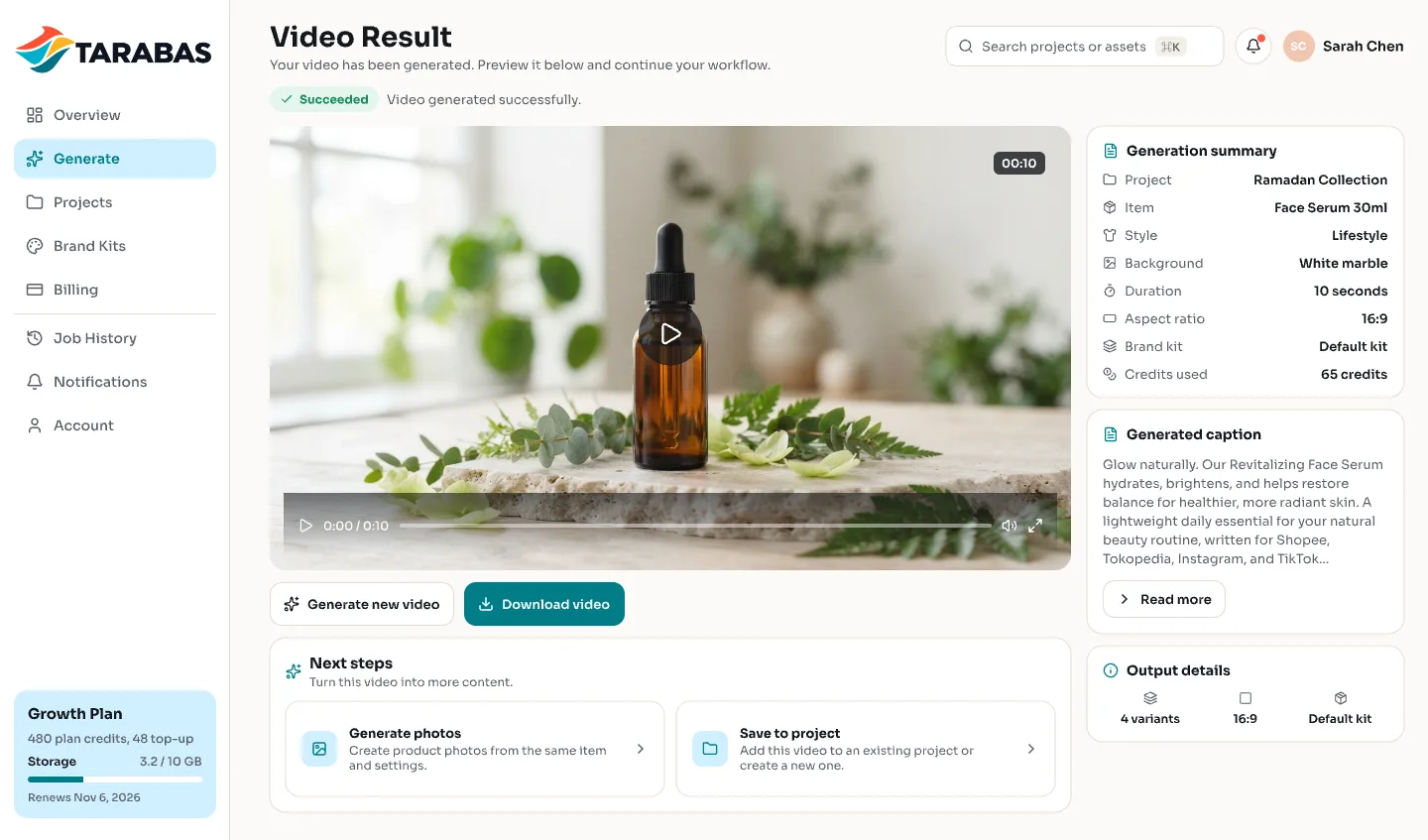 Halaman hasil video produk di TARABAS
